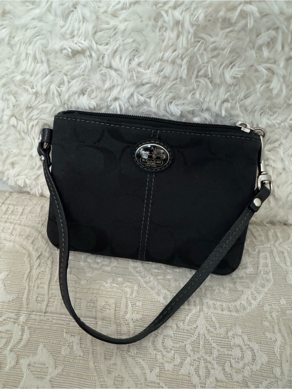 Coach Black Signature Zip Wristlet with Silver Accent